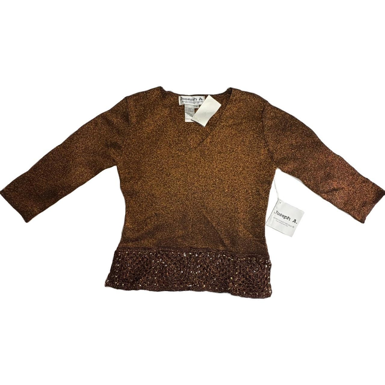 Bnwt Metallic Brown 3/4 Sleeve W Crochet Beaded Trim Sz S — image 4 of 8